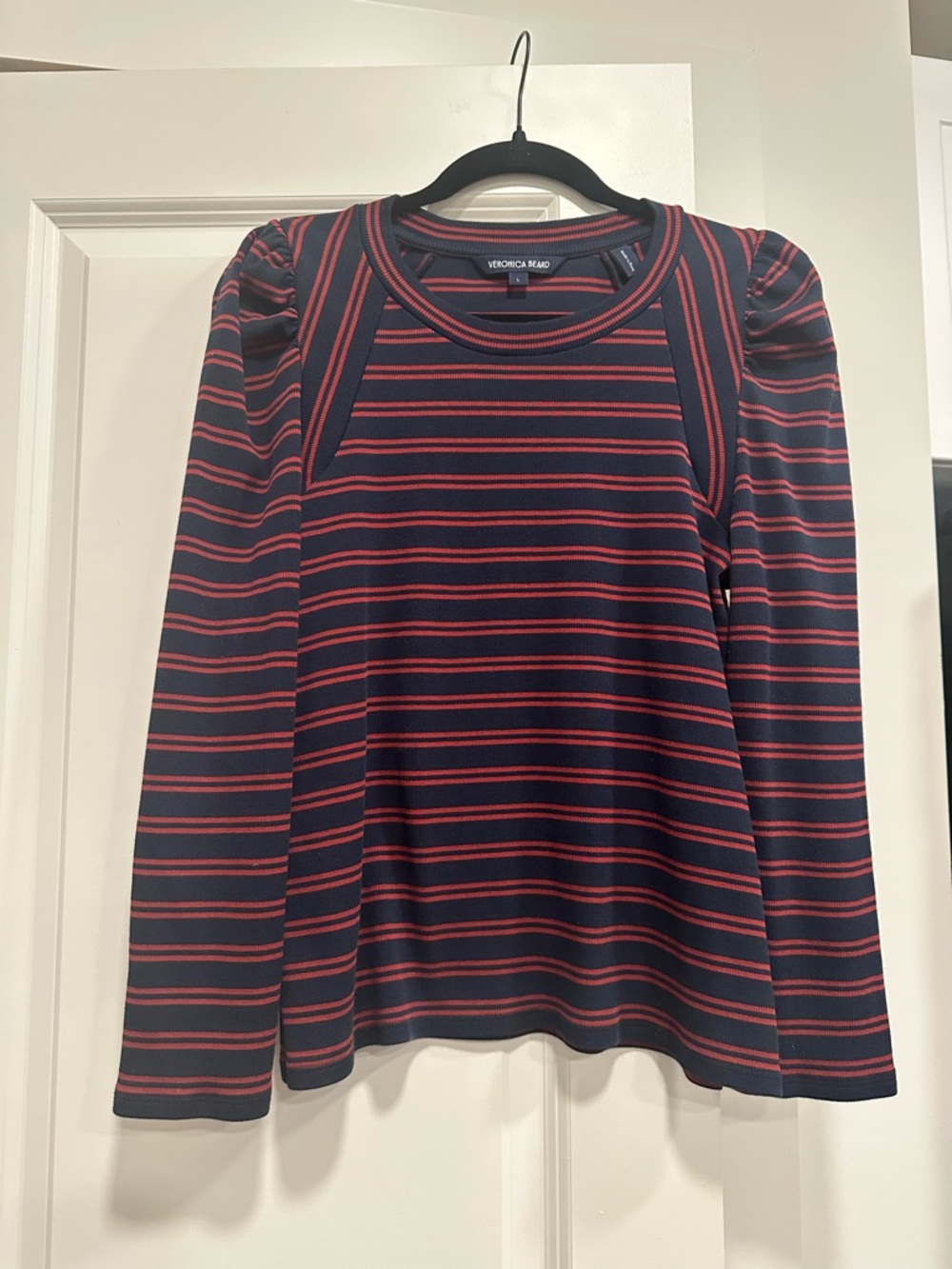 Veronica Beard Striped Puff Shoulder Top | Pima Cotton | Navy Red | Size L